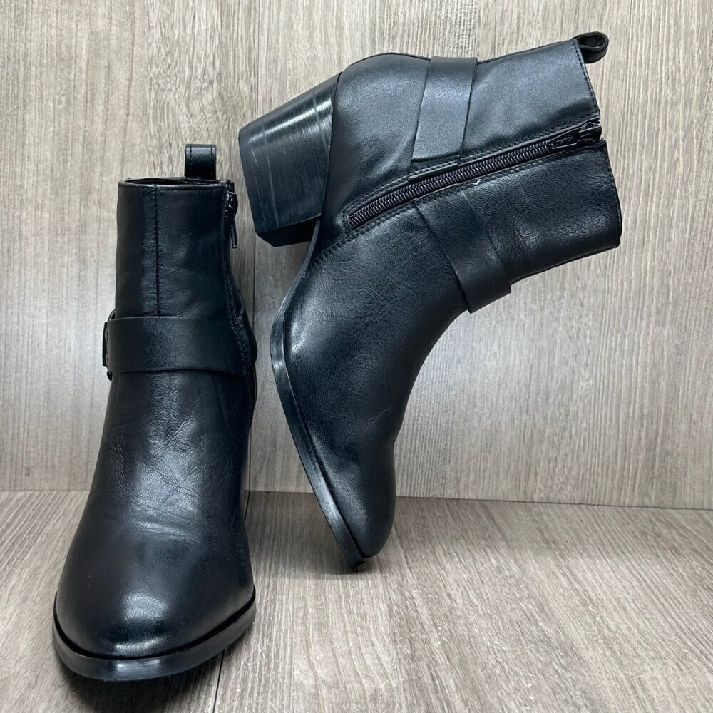 House of Harlow 1960 Boots Women 8 Portia Biker Harness Block Heel Leather Black - Picture 4 of 14
